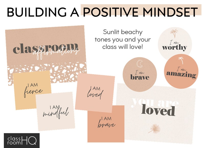 May include: Classroom affirmations printable posters with positive messages like "I am fierce", "I am mindful", "I am loved", "I am brave", "I am worthy", and "I am amazing". The posters have a beige and white terrazzo pattern and are perfect for a classroom or home.