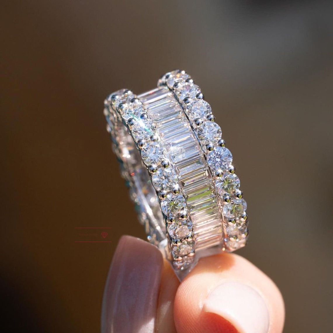 Baguette and Round Moissanite Diamond Eternity 3 row Band Etsy