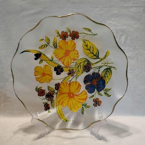 Vintage Reverse Painted Glass Bowl: Ruffled Edge Floral Gilt Trim