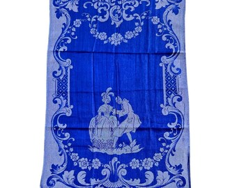 Cobalt Blue Damask Textile Hand Towel Courting Couple 14x21 Vintage 1950