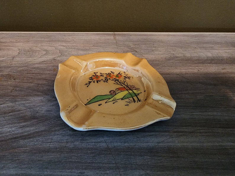 Mid Century Japan Ashtray Porcelain Outdoor Scene Golden Glaze Etsy