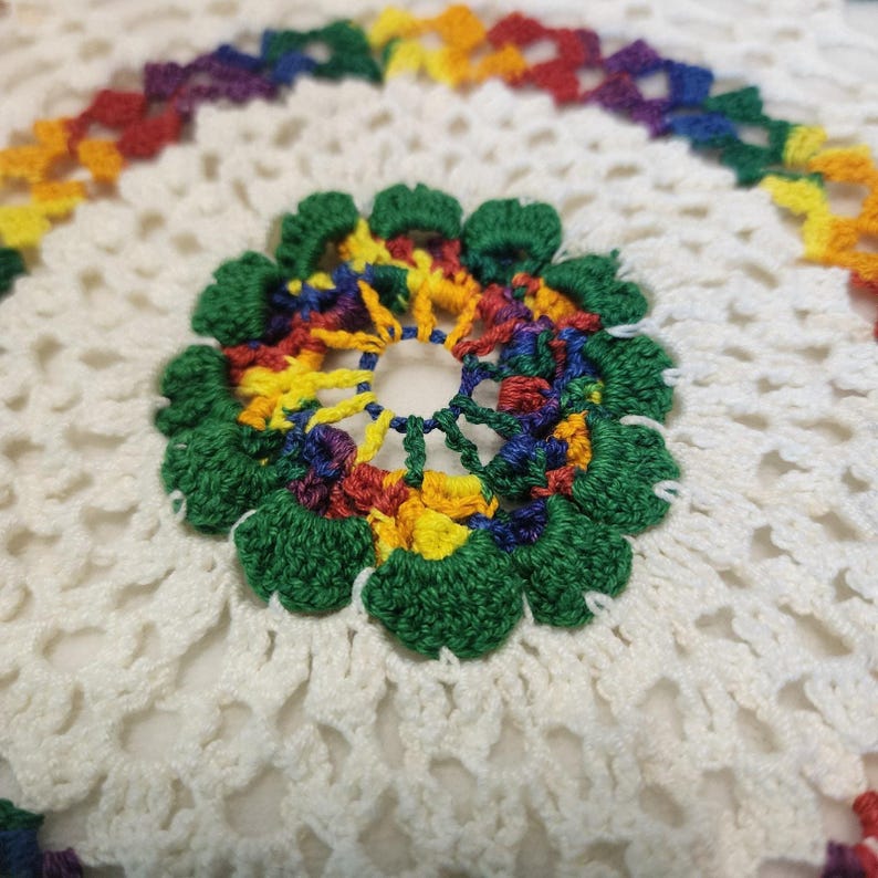 Handmade Huge Doily Multicolor Rainbow Pride Grannycore Farmhouse Hippie Retro image 10