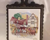 Vintage Enesco Ceramic Trivet in Cast Iron Holder