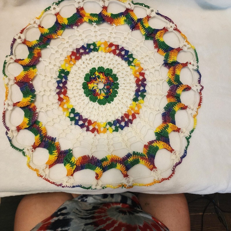 Handmade Huge Doily Multicolor Rainbow Pride Grannycore Farmhouse Hippie Retro image 9