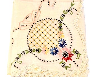 Vtg Linen Embroidered Table Runner Dresser Scarf Crocheted Trim Cottagecore