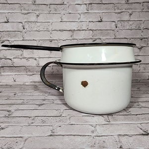 Invento White Enamelware Double Boiler Pan Set Bird Themed 