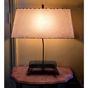 Vintage Mid Century Punched Metal Table Lamp Original Rawhide Shade Rustic Cabin
