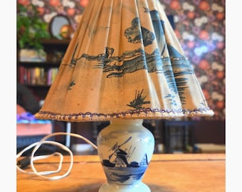 Delft Blue Hand Painted Windmill Accent Ceramic Lamp Decorative Fluted Shade