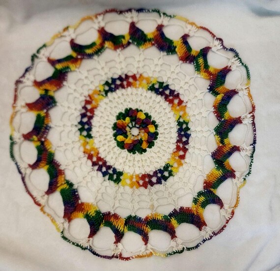 Handmade Huge Doily Multicolor Rainbow Pride Grannycore Farmhouse Hippie Retro
