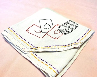 Vtg 1950s Card Table, Hand Embroidered Bridge Gin Rummy Playing Cards Casino