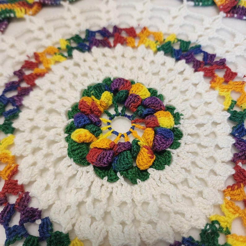 Handmade Huge Doily Multicolor Rainbow Pride Grannycore Farmhouse Hippie Retro image 2