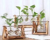 1 2 3 Bulb Vase with Vintage Wooden Stand and Metal Rotating Rod for Hydroponics Plants Desktop Glass Planter for Home Decoration