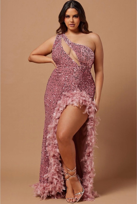 pink sparkle feather dress Zoey Feathered Sequin High Neck Mini Dress - Hot Pink