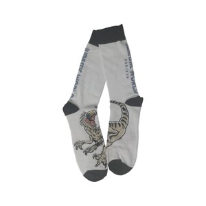 May include: A pair of light gray crew socks featuring a dark gray cuff, heel, and toe. The socks display a graphic of a dinosaur with sharp claws and teeth, along with the vertical text "JURASSIC WORLD REBIRTH" printed in dark blue lettering.