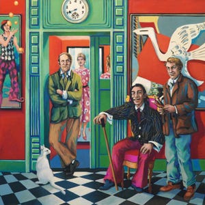 May include: A colorful painting depicts a room with several figures. A man in a striped suit sits in a chair, while others stand nearby. A white cat sits on a black and white checkered floor. A clock hangs on the wall.