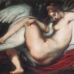 May include: A classical painting depicts a nude figure reclining with a swan. The figure has fair skin and wears a golden headpiece. The swan's white feathers contrast with the figure's skin and the red and white drapery.