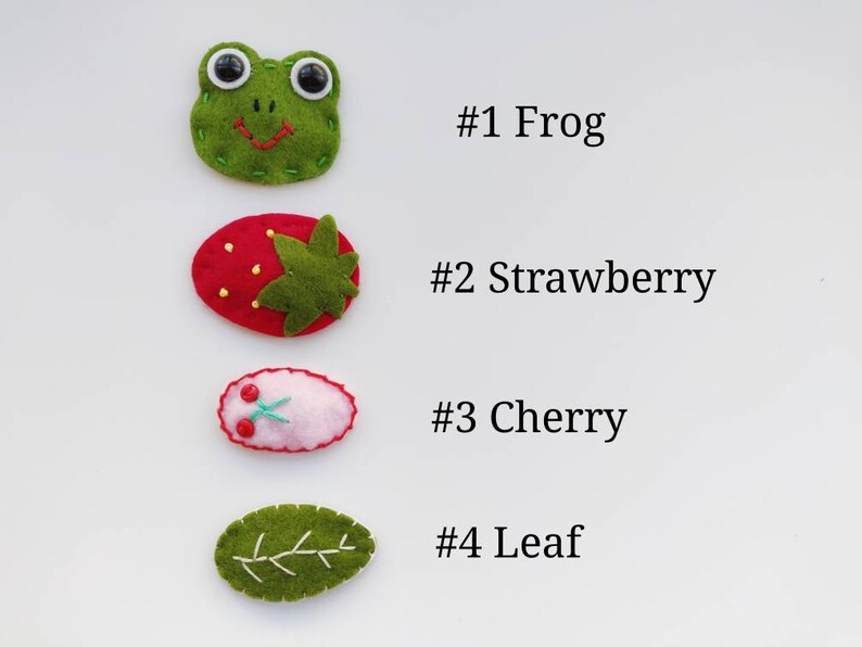 Cute Felt Fabric Snap Hair Clips. Frog, Strawberry, Leaf, Cherry Baby/Toddler/Girls Hairpins. afbeelding 2