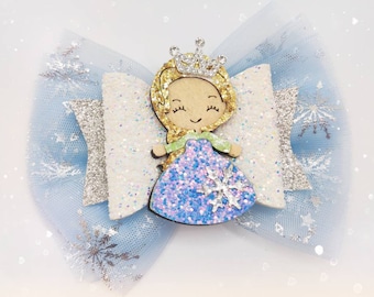 Frozen Elsa Princess Hair Bow clip.Sparkling Glitter Snowflake. Big 5" Hair Bow.Girls/Baby/Toddler Hair Clips.Birthday Party Gift
