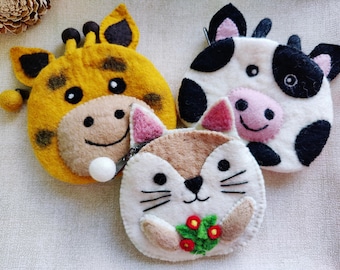 Handmade Felt Animal Coin Purse – Giraffe, Cow & Cat Designs