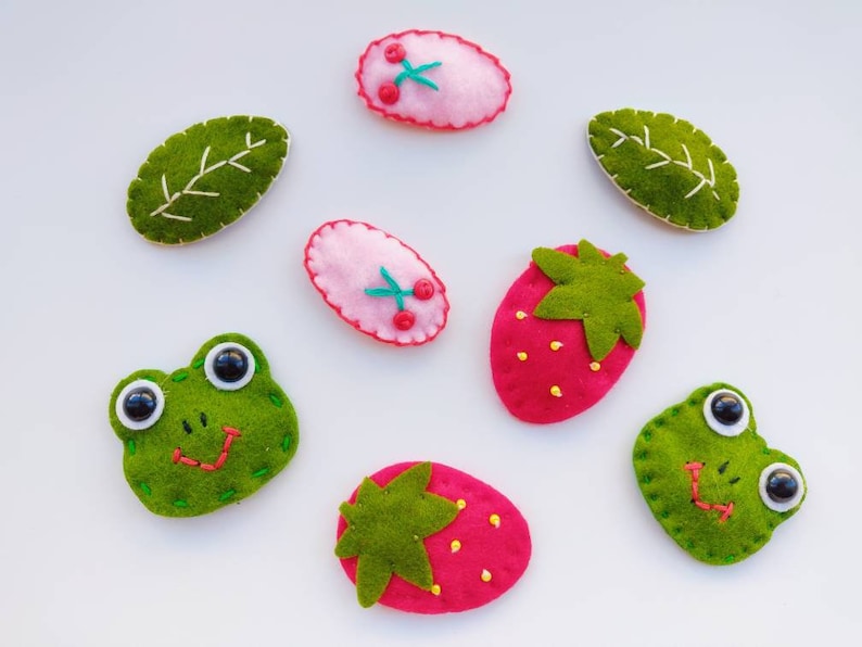 Cute Felt Fabric Snap Hair Clips. Frog, Strawberry, Leaf, Cherry Baby/Toddler/Girls Hairpins. afbeelding 1