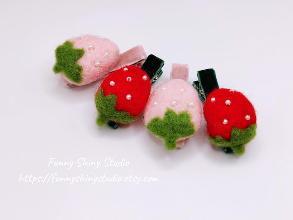 Wool Felt  Pink/Red Strawberry Velvet Full Lined Hair Clips.Toddler/Girls Hair Clips.