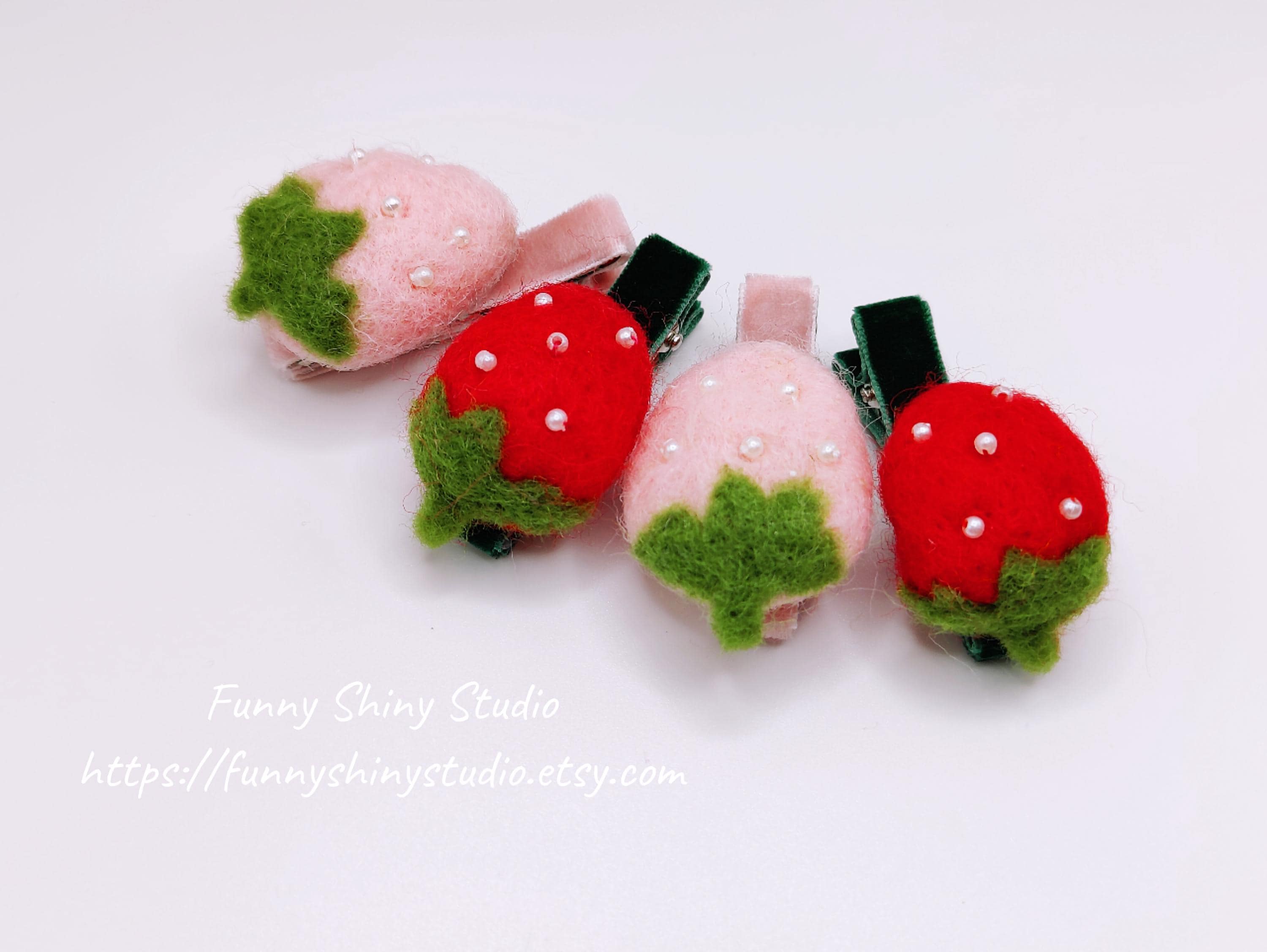Wool Felt  Pink/Red Strawberry Velvet Full Lined Hair Clips.Toddler/Girls Hair Clips.
