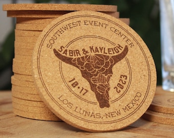 Southwestern Wedding Favors- Extra Thick, Rustic, Personalized, Engraved Cork Coaster, Custom, Country Wedding Gift, Shower, Reception Favor