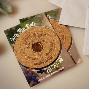 Winery Save The Date Coasters + Card - Engraved Cork, Custom, Personalized, Winery Wedding,  Envelopes Included