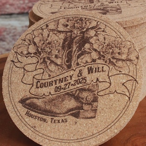 Op maat gegraveerde kurken onderzetters – cowboylaarzen of -hoed, rustieke bedankje