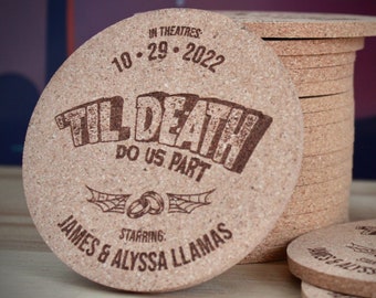 Engraved Halloween Wedding Cork Coasters – Personalized Guest Favors