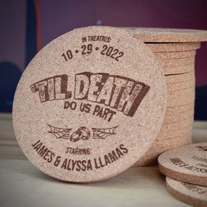 Halloween Wedding Coasters engraved Personalized Guest Favors- Real Cork, Custom Party Favor, Halloween Wedding Reception Table decor