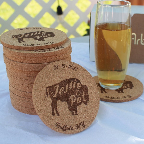 Buffalo, NY Wedding Coasters -  Custom Engraved, Real Cork, Extra Thick, Wedding Favor, Rustic, Round Coasters