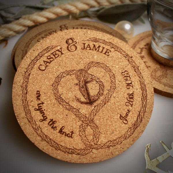 Nautical Wedding Coasters - "Tie The Knot" Design, Personalized Guest Favors- Real Cork, Custom Engraved, Beach House Wedding Guest Gift