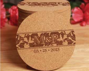 Monogram Wedding Coasters Favors - Real Cork, Custom Engraved Initials, Personalized Shower Gift, Reception Decor, Rustic, Floral Engraving