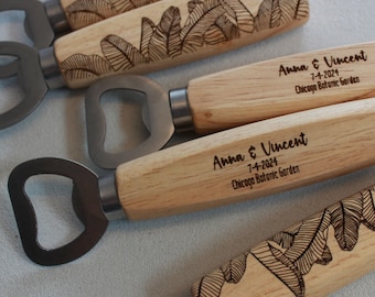 Banana Leaf Engraved Bottle Opener - Personalized Wedding Favors Extra Reception Gift for Guests - Couples Names