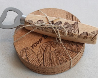 Personalized Bottle Opener and Coaster Gift Set - Banana Leaf Design - Custom Engraved Barware - Personalized Gift - Add Your Own Text