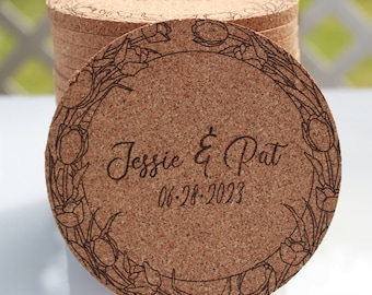Floral Wreath Wedding Coasters -  Cork, Custom Engraved, Classic, Extra Thick, Guest Gift, Flowers, Wedding Favor, Rustic