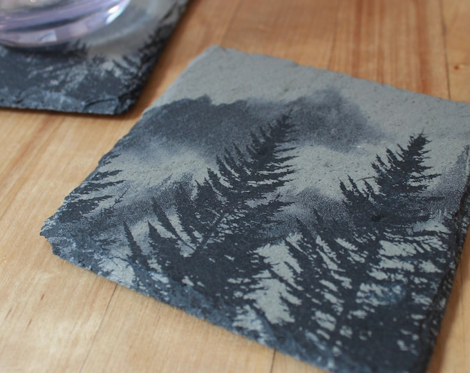 Foggy Mountain Slate Coasters – Rustic Forest Drink Coaster Set with Holder + Gift Wrap Option