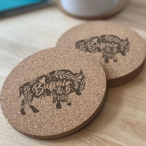 Engraved Buffalo NY Cork Coaster Set, Foliage Heart Design