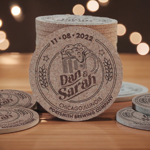 Brewery Wedding Coasters - Real Cork, Custom Engraved, Extra Thick, Wedding Favor, Rustic, Round Coasters