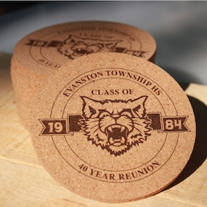 Class Reunion Coasters with logo  Engraved Cork, High School Mascot, College Reunion, Personalized Drink Coaster, Grad Class Emblem Decor