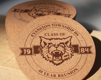 Class Reunion Coasters with logo  Engraved Cork, High School Mascot, College Reunion, Personalized Drink Coaster, Grad Class Emblem Decor