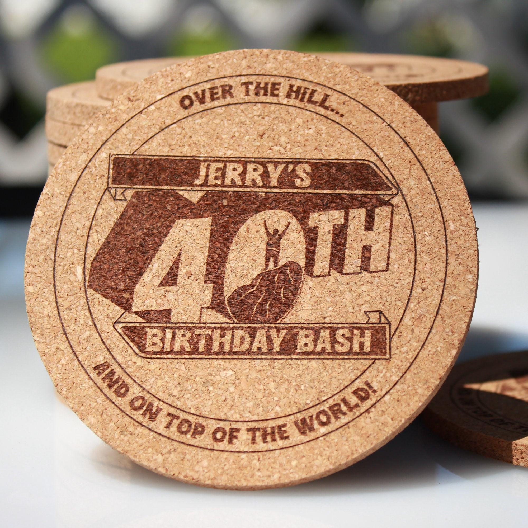 Over the Hill Birthday Custom Engraved Cork Coasters Personalized Birthday Party Favor Birthday Decoration Table Gift Take