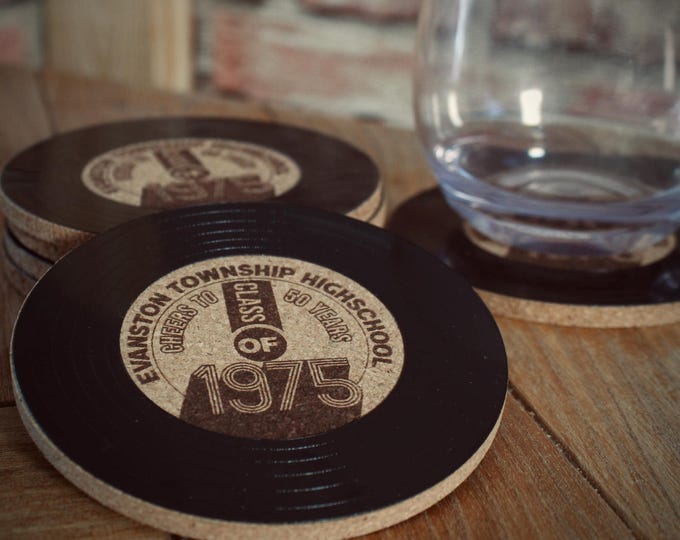 Personalized Vinyl Record Cork Coasters – Retro Class Reunion Favors