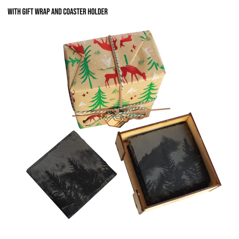 Coaster Set showing gift wrap and coaster holder option