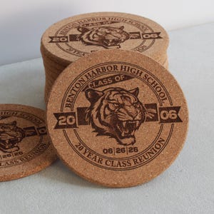 Engraved Cork Reunion Coasters, School Mascot, Grad Class Decor