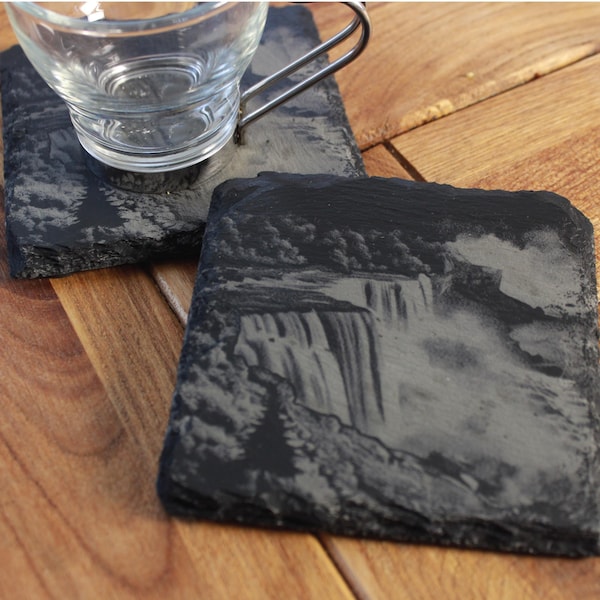 Posavasos de pizarra grabados con las Cataratas del Niágara: Decoración inspirada en la naturaleza