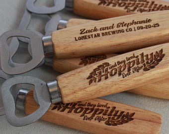 Personalized HOPPILY EVER AFTER Bottle Openers for Brewery-Theme Wedding  -  Customized Gifts for Brewery Wedding Celebrations