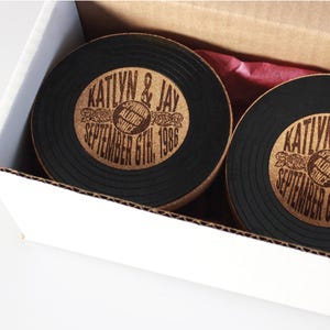 Vinyl Record Cork, Retro Custom Coasters | 1/4" Thick | 4" Round, Bulk Favors, Anniversary Keepsakes