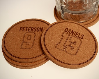 Jersey Number and Name (Set of 3 or 5) coasters - varsity cork, player name, sports gift set, student athlete gift, football player gift